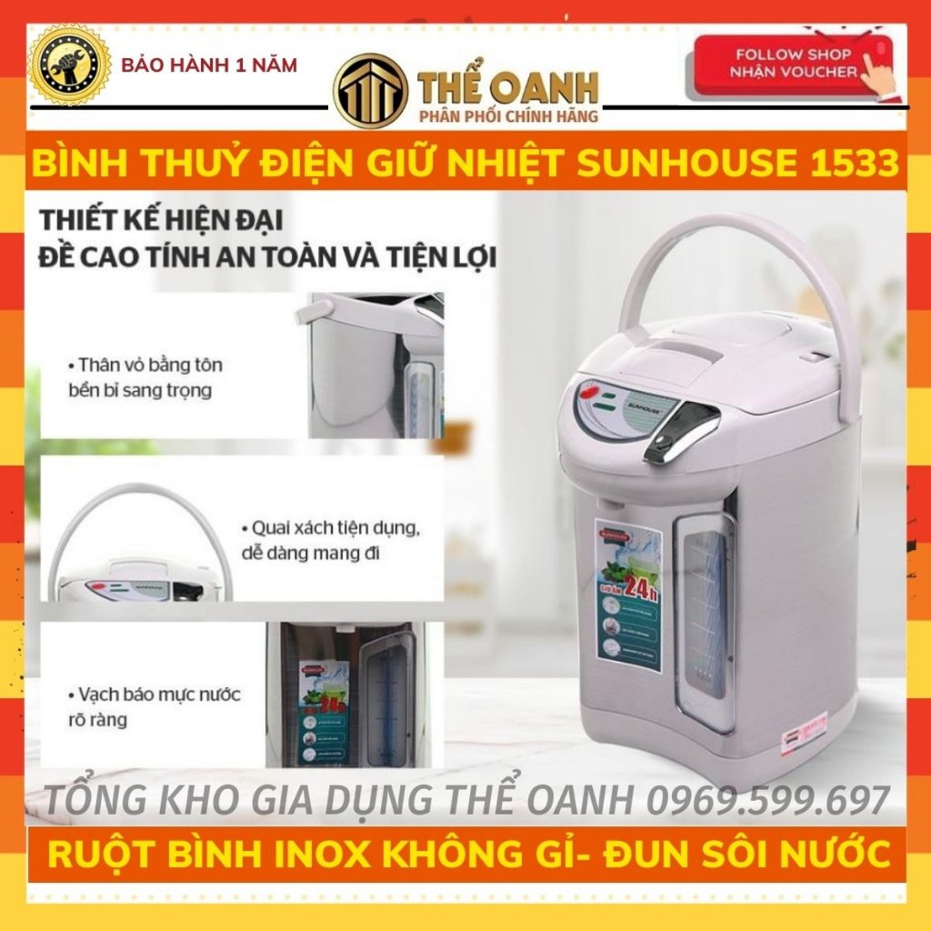 Bình thuỷ điện, bình đun nước giữ nhiệt Sunhouse SHD1533