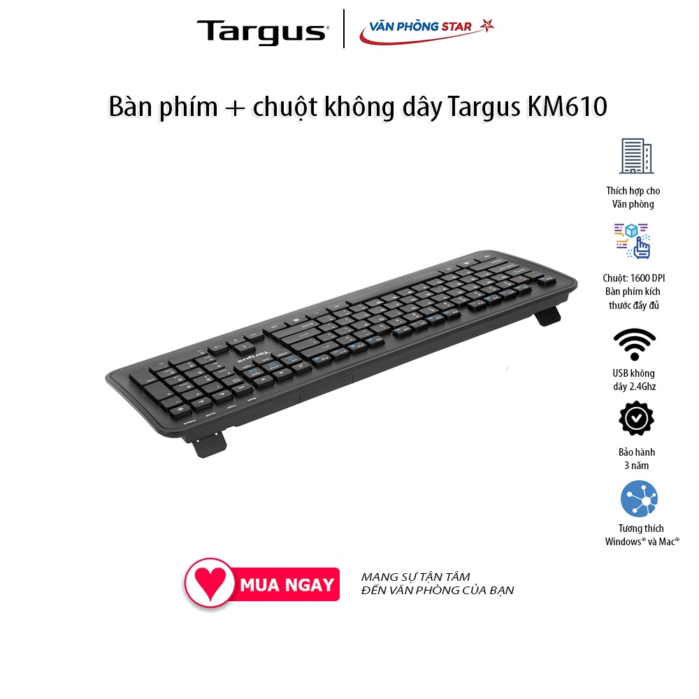 Bàn phím + chuột không dây Targus KM610 Hành trình phím thấp, gõ nhạy, nhanh và Chuột có độ nhạy 1600 DPI