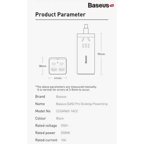 Bộ Sạc Baseus 65W GAN3 Pro Desktop Powerstrip 5in1 AC 100V-240V