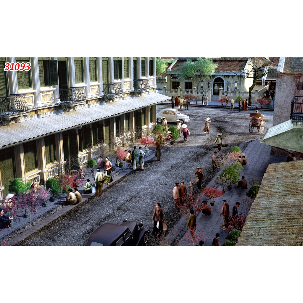 Tranh dán tường góc Phố phong cách Hà Nội cổ điển 3D nhiều mẫu