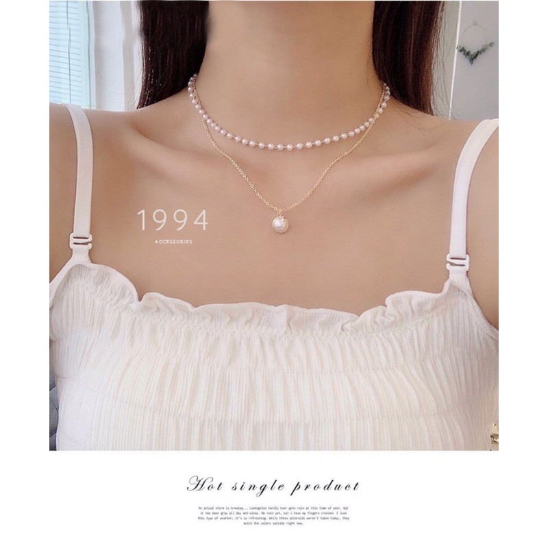 Dây chuyền/Vòng cổ nữ hai dây dáng Choker phối ngoc trai phong cách Hàn Quốc (Mã N02)