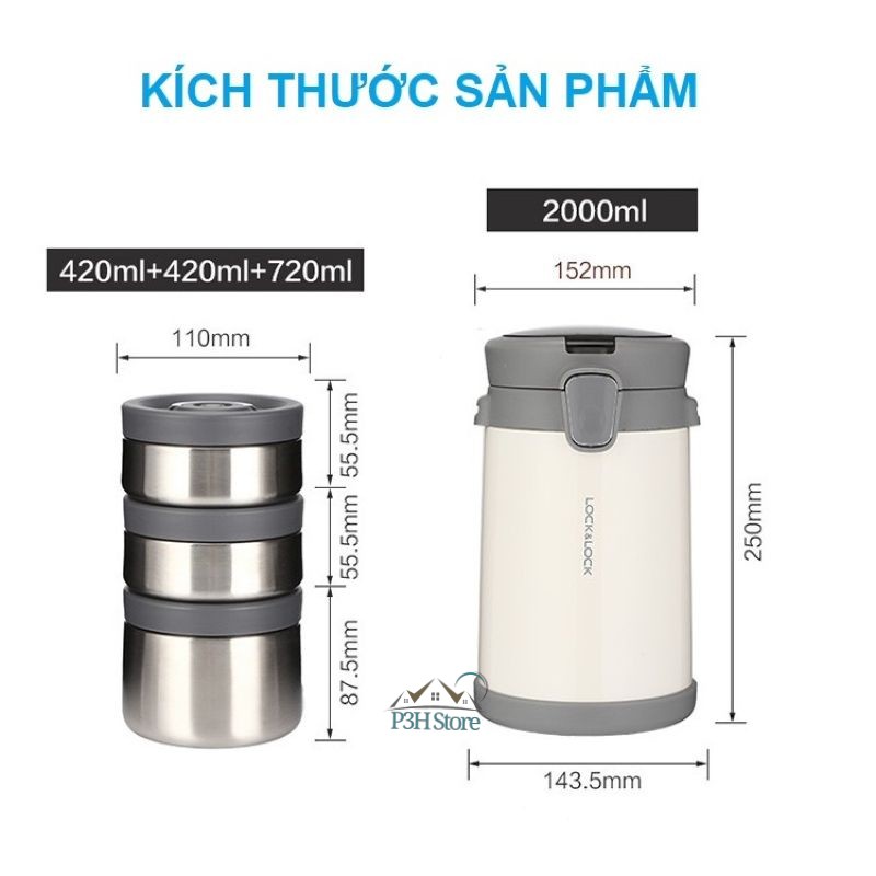 Bộ Hộp Cơm Giữ Nhiệt Lock&Lock Easy Carry 2L LHC8039 Có Túi -1 Hộp 720ml, 2 Hộp 420ml Kèm 1 Bộ Muỗng Và Nĩa