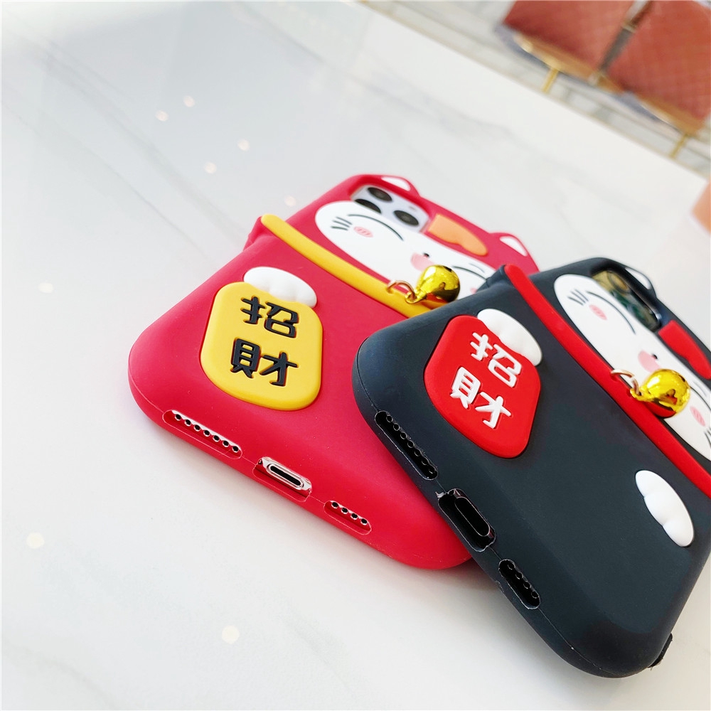 Ốp điện thoại silicon dẻo hình chú mèo may mắn màu đen đỏ cho iPhone  13 Pro Max /12 Pro/iPhone 11 Pro Max XS Max XR X 8 Plus 7 6 6S Plus