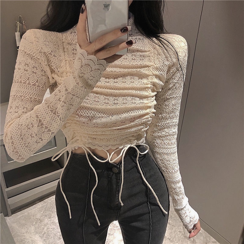 Áo sơ mi dài tay cổ cao phối ren thiết kế mới thời trang dành cho nữ