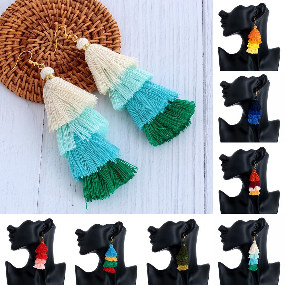 YVE 1 Đôi Bông Tai Tua Rua Dài Vải Lụa Màu Gradient Thời Trang