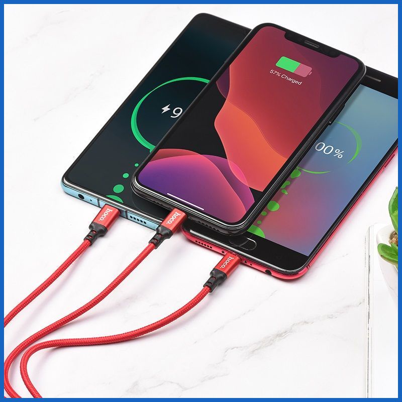 Cáp sạc 3 đầu hoco x14 ip/micro usb/type c bọc vải,chống gẫy gập dài 1m