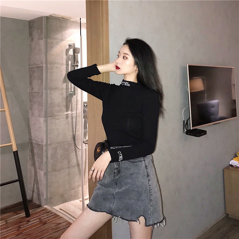 Áo thun nữ cổ lọ tay dài màu trơn đơn giản thời trang Hàn Quốc