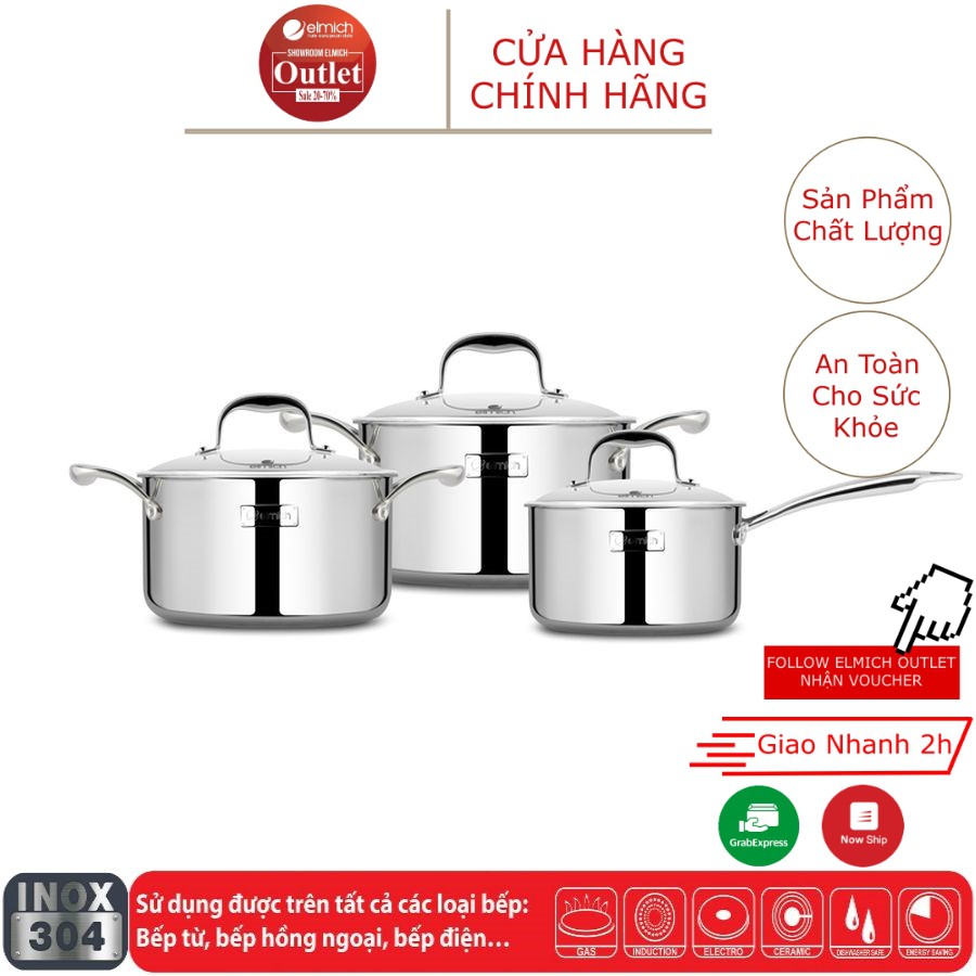 Bộ Nồi 3 Chiếc Inox 304 3 Lớp Đáy Liền ELMICH TriMax XS size16cm/20cm/24cm