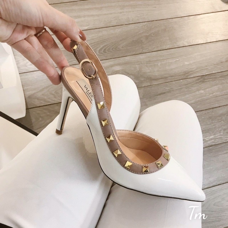 Giày sandal cao gót nữ mũi nhọn da bóng viền đinh gót nhọn 7cm sang chảnh