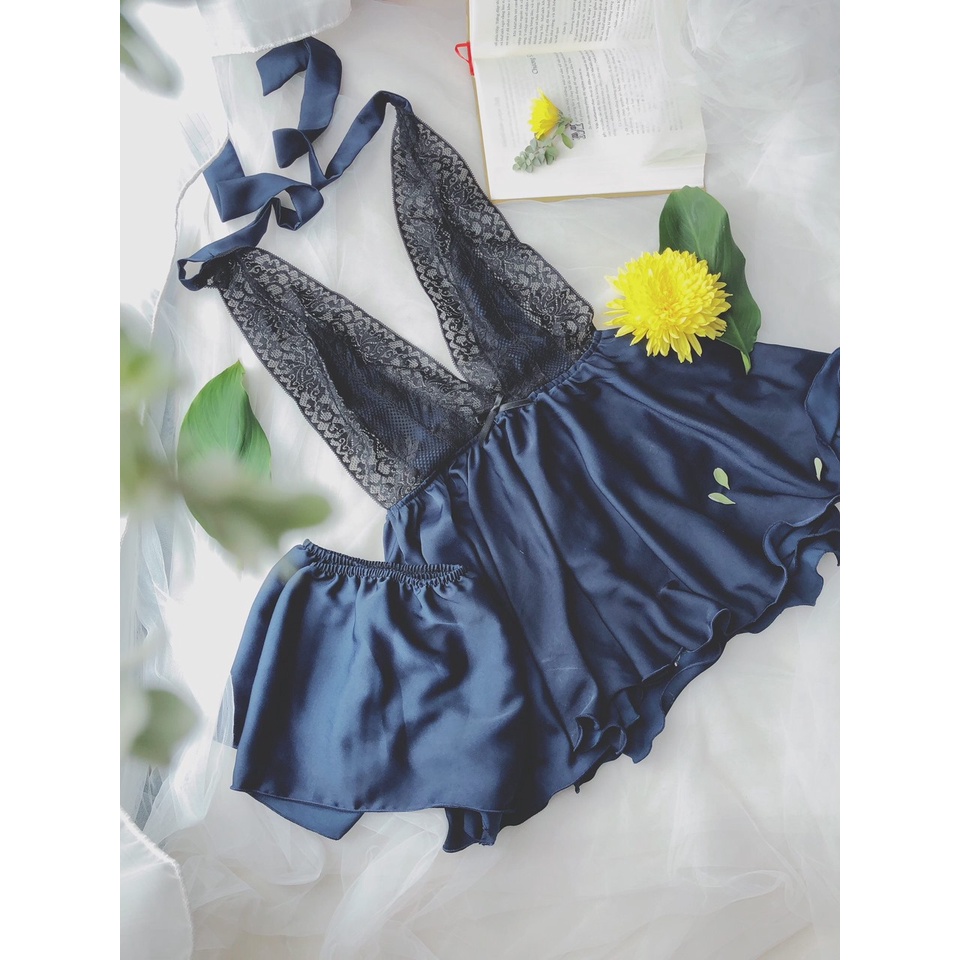 váy ngủ sexy cao cấp vải voan pha ren cột cổ