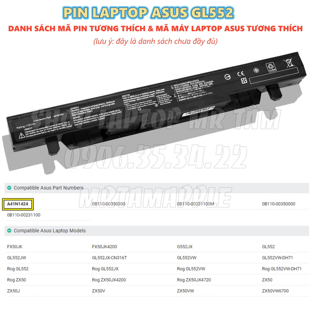 (BATTERY) PIN LAPTOP ASUS GL552 (A4N1424)- 4 CELL  - Asus ROG FX-PLUS GL552J GL552V GL552VW-DH71 ZX50VW