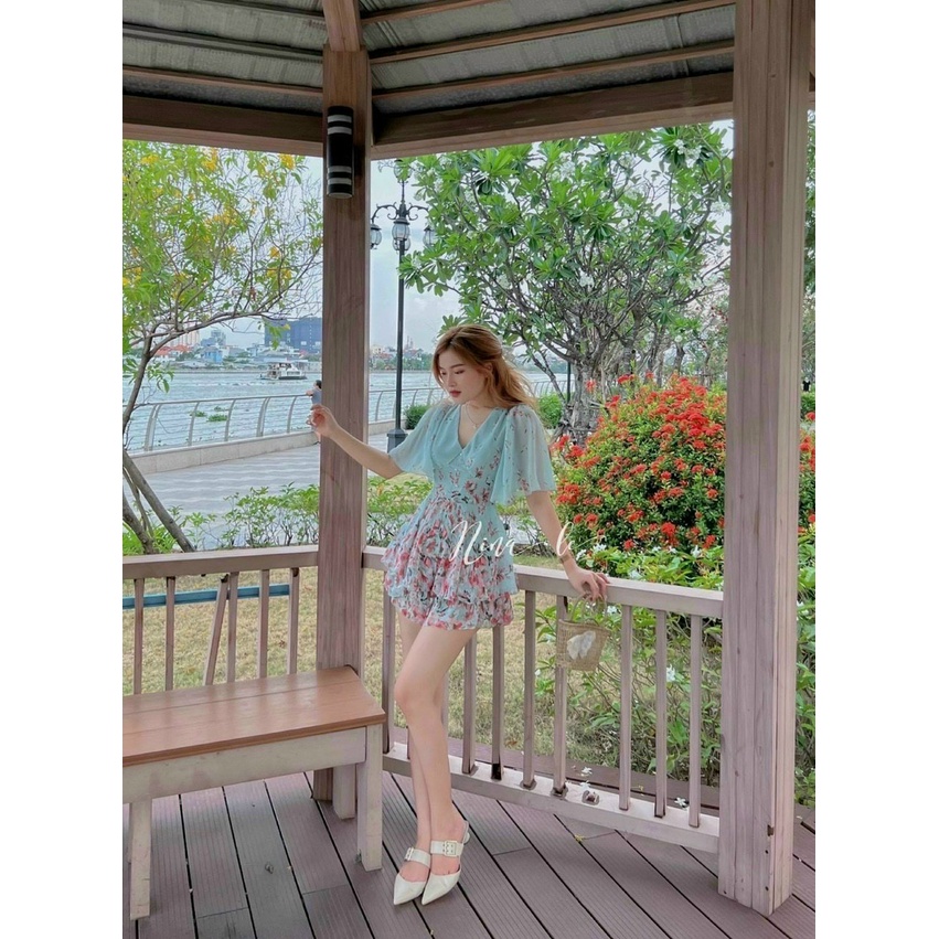 (Ưu Đãi FreeShip) Đầm tiểu thư cổ v,đầm hoa nữ tay loe,tone màu xanh nhẹ nhàng,dễ thương chất voan cao cấp