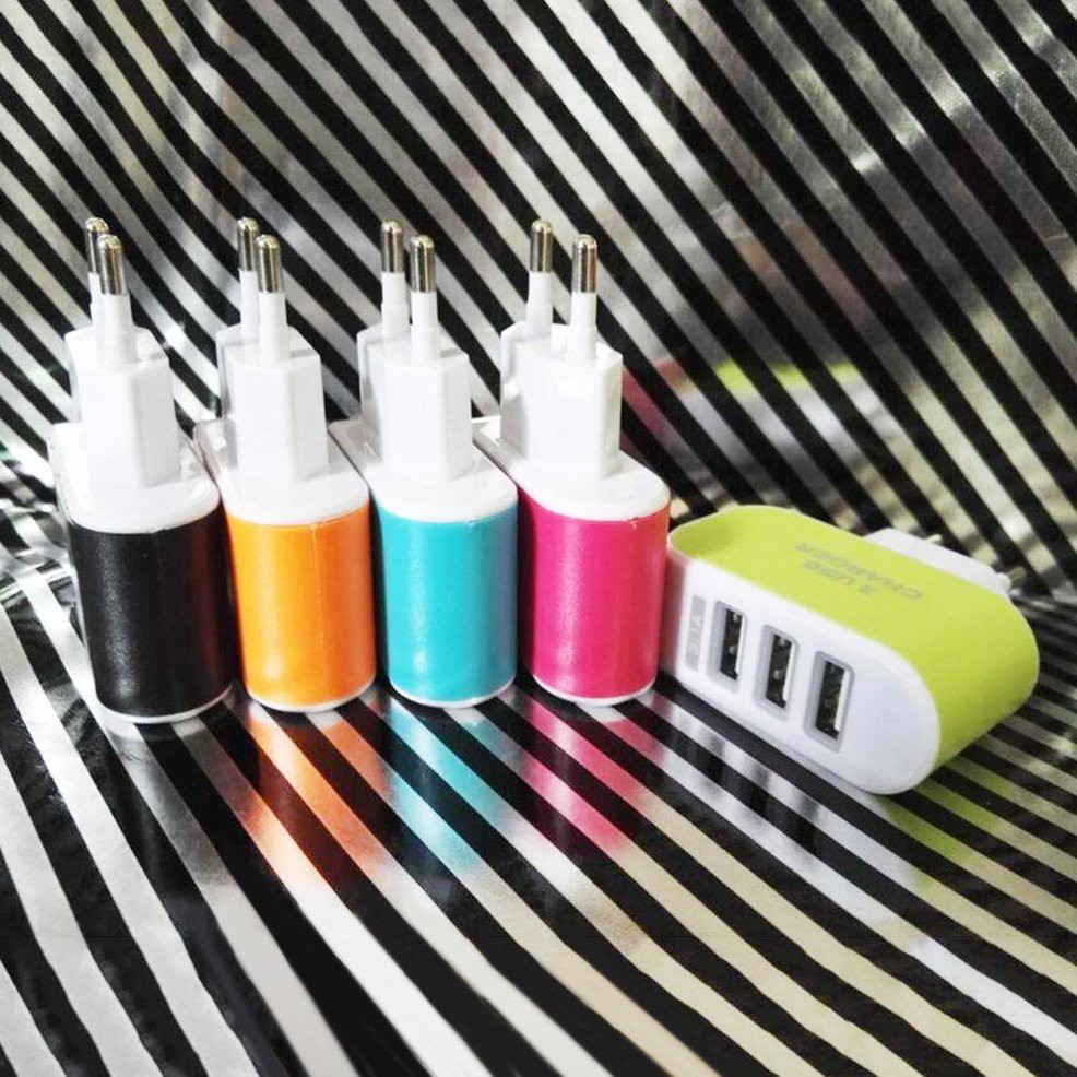 Cốc sạc 3 cổng USB trơn màu gắn tường chuẩn EU dành cho đi du lịch
