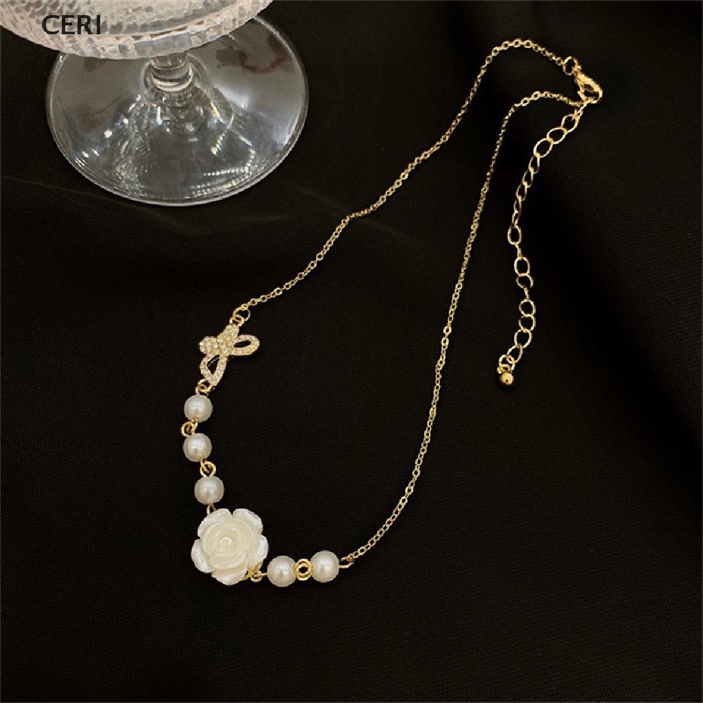 CE Fashion Rose Flower Pendant Necklace Butterfly Choker Clavicle Pearl Chain RI