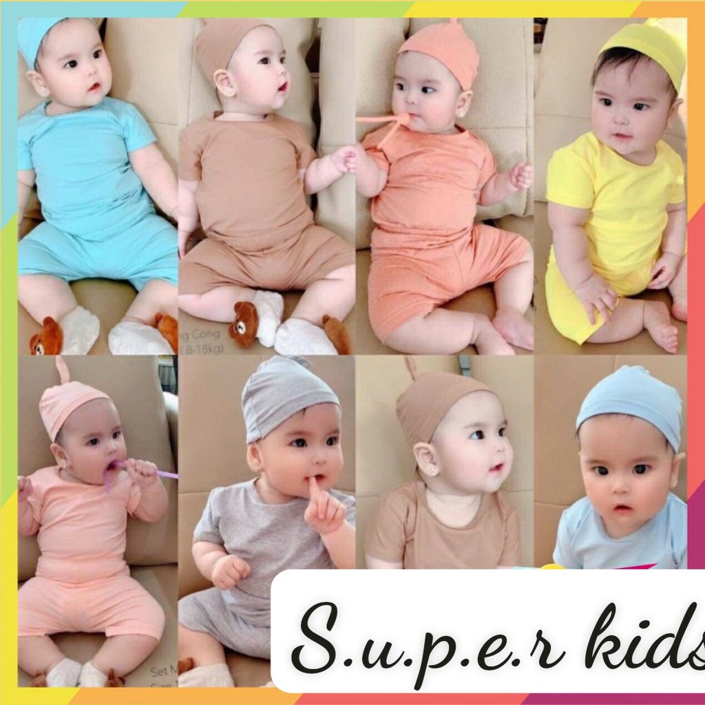 Sét 4 bộ ngắn tay ôm body kèm mũ cho bé trai/ bé gái 5-15kg