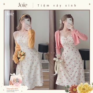 Đầm hoa hai dây kết hợp áo khoác cadigan len cùng màu - joie