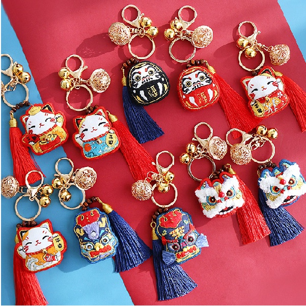 Móc Khóa May Mắn Thêu Hình Mèo May Mắn Phong Cách Trung Hoa