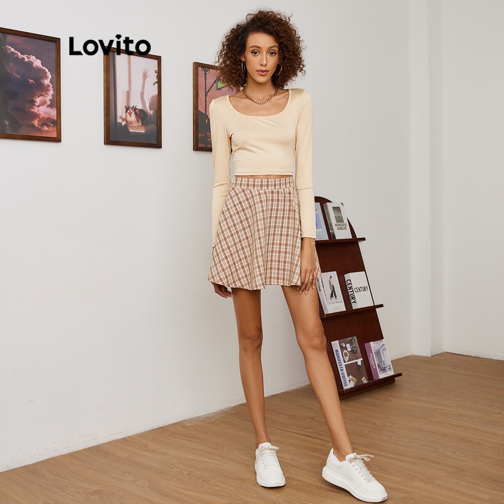 Chân váy chữ A Lovito in caro thường ngày L19D339 (màu quả mơ)