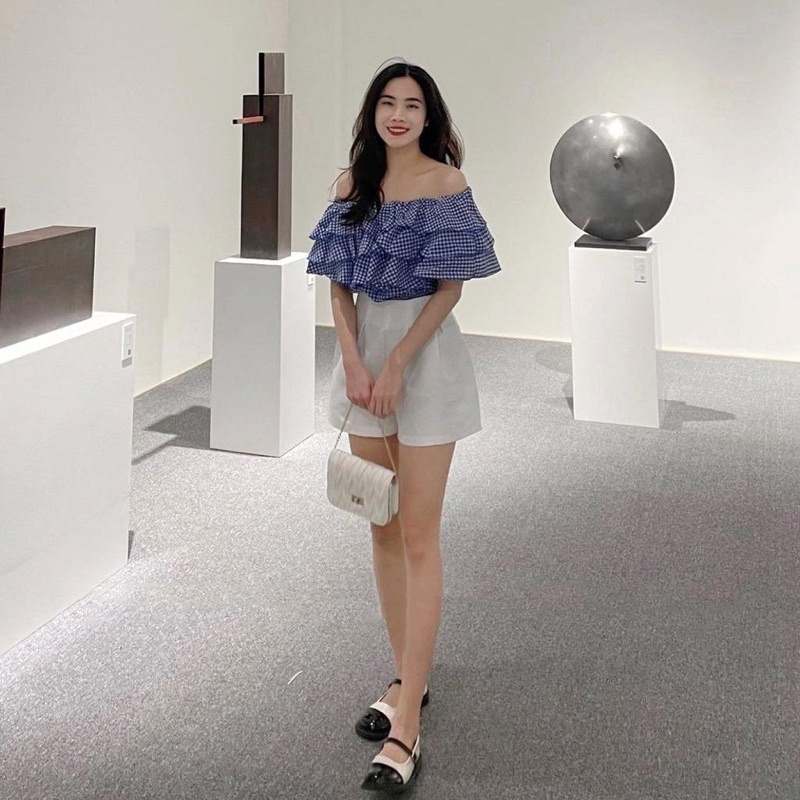 Set Áo Trễ Vai Caro Xanh Nữ  🌸 Bộ đồ thun kiểu kèm quần short ống rộng mặc đi biển Ulzzang 🌸