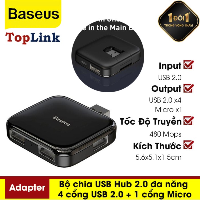 Bộ Chia USB Hub 2.0 Đa Năng 4 Cổng USB 2.0 + 1 Cổng Micro - Thương Hiệu Baseus - TopLink