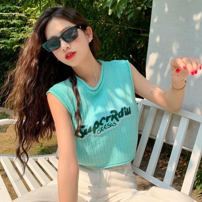 【ZHELIHANGFEI】 Áo Dệt Kim Không Tay Dáng Rộng Hở Rốn