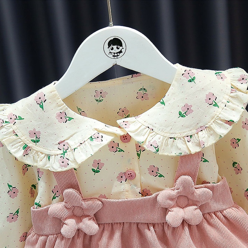 Đầm Cotton Cổ Búp Bê In Hoa Màu Hồng Dễ Thương Thời Trang Mùa Thu Cho Bé Gái