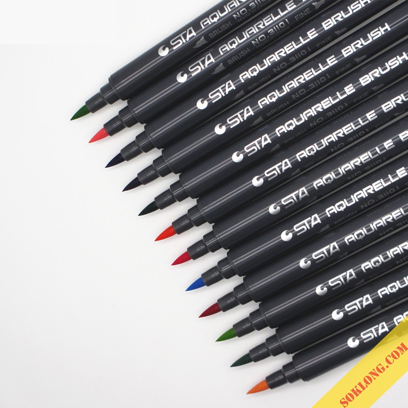 Bộ 12 bút brush 2 đầu gồm ngòi lông mềm + ngòi fine B01 Tuệ Minh