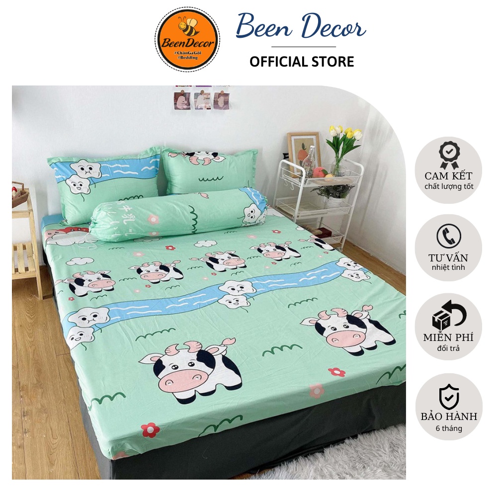 [Rẻ bất ngờ] Bộ Ga Chun Kèm 2 Vỏ Gối Poly Cotton | Mẫu Bò Sữa Xanh (IB để chọn mẫu nha)