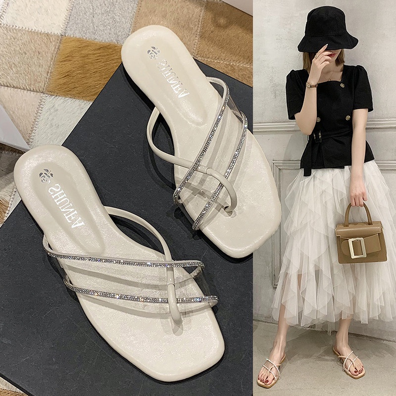 ∏✹✲Crystal slippers female ins trendy outer wear flat bottom 2021 new summer net red hot style rhinestone flip-flop sandals and slippers