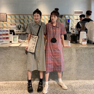 Đầm caro dài dáng sơmi cổ bẻ Ulzzang
