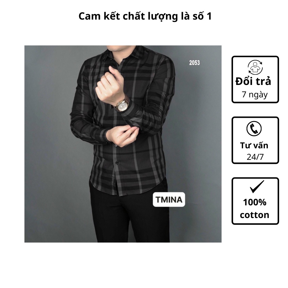 Áo sơ mi kẻ bbr tay dài vải cotton thoáng mát màu đen kẻ nhỏ SMD01