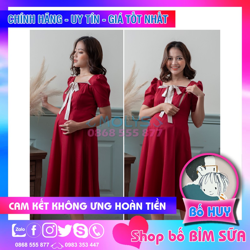 Đầm bầu kết hợp cho con bú sau sinh M2300 nơ cổ điệu đà chất đẹp thoáng mát