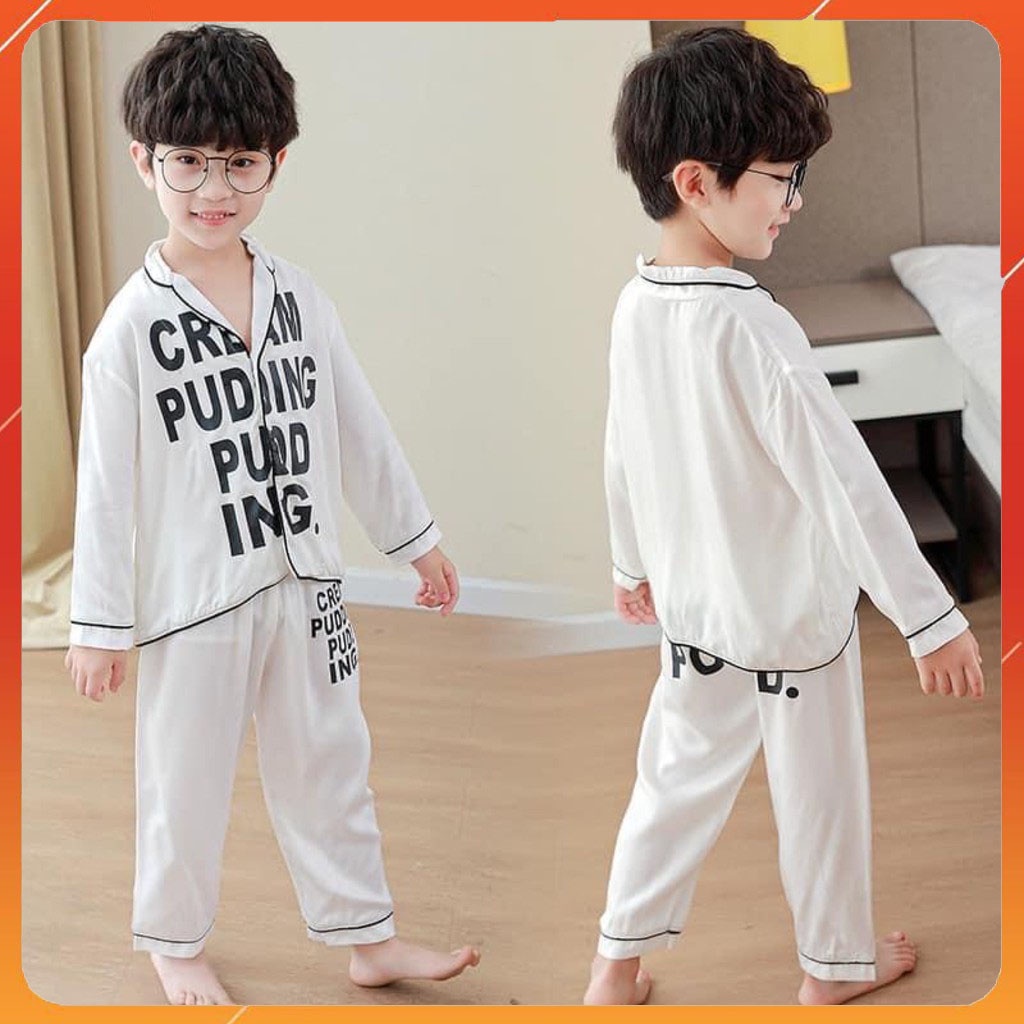 Bộ Pijama lụa dài tay in chữ cho bé từ 6-28Kg, Bộ đồ ngủ dài tay cho bé trai và bé gái mặc đều xinh TRANGSTORE