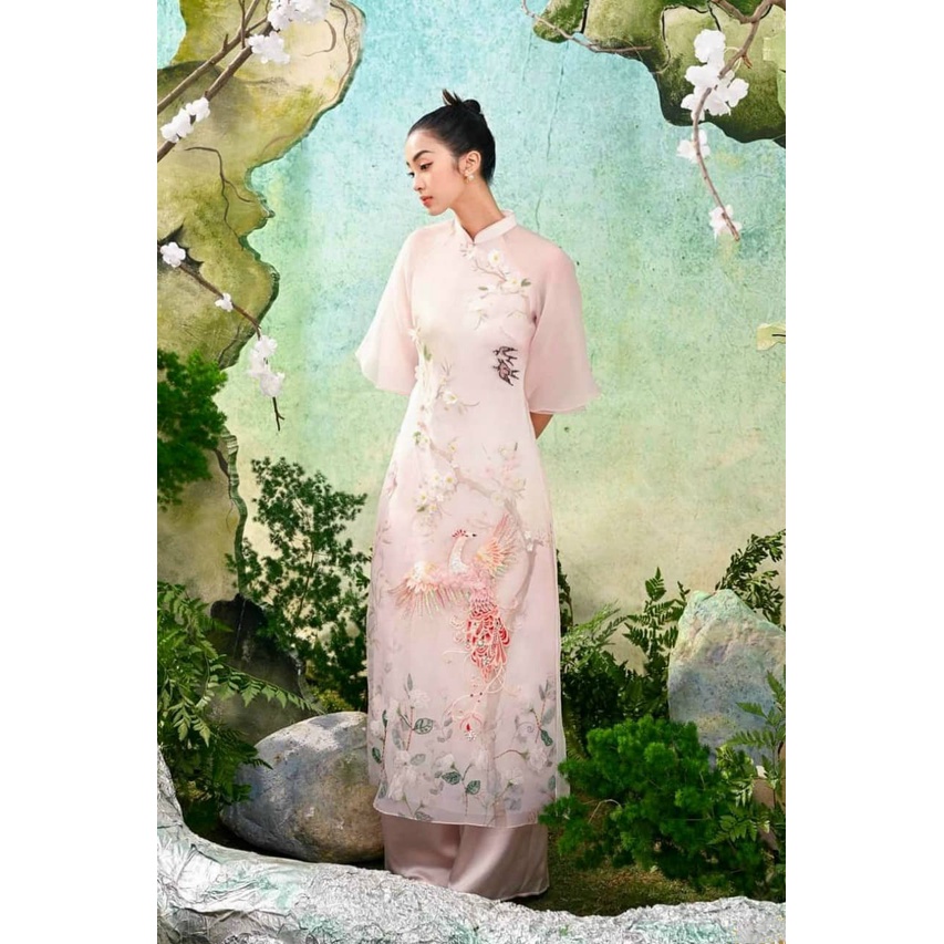 Áo dài cách tân nữ 4 tà 🎀FREESHIP🎀 Áo dài cách tân hồng thêu hoa chất liệu organza