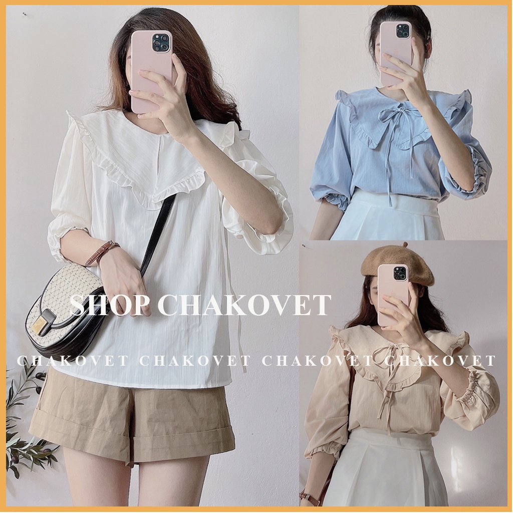 Áo kiểu nữ hàn quốc bánh bèo CKA880, sơ mi nữ tay lỡ cổ bèo buộc nơ tay bo chun thích hơp mặc đi làm đi học