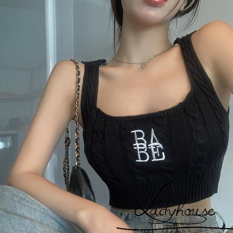 Ldd-áo Ba Lỗ Đan Móc Mỏng Vừa Vặn Cổ Chữ U Thêu Chữ Màu Xanh Lá / Trắng / Đỏ / Đen Cho Nữ