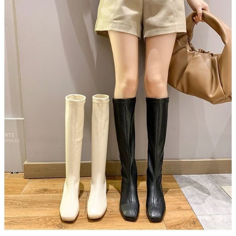 [Sẵn 37] Boots lửng cổ cao dưới gối ôm bắp chân gót vuông cao 6cm / boots đùi nữ da trơn gót vuông