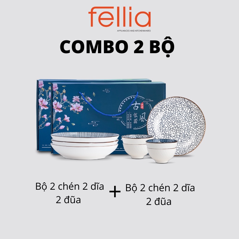 Bộ chén dĩa sứ Fellia cao cấp tổng sản phẩm gồm 4 chén cơm 4 dĩa 4 đũa tre phong cách Nhật Bản thumbnail