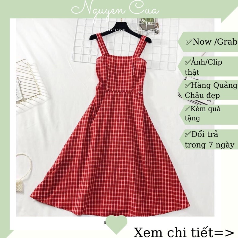 Váy Kẻ 2 Dây Nhún Ngực Vintage ❤️freeship ❤️ ảnh thật