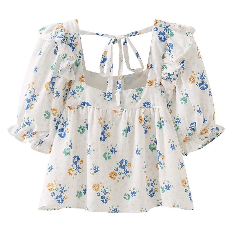 Áo Sơ Mi Cổ Vuông Cột Dây Họa Tiết Hoa Phong Cách Pháp Thời Trang Mùa Hè Mới Cho Nữ