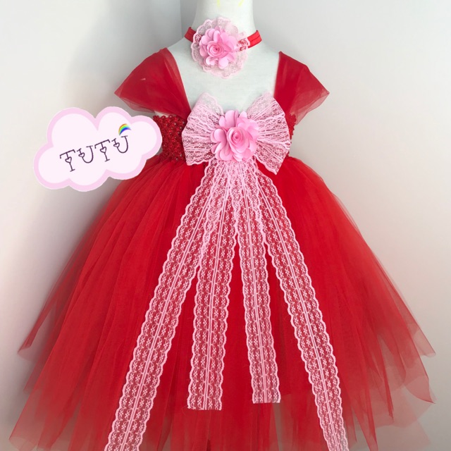 Váy công chúa - váy tutu đỏ phối hoa hồng và ren