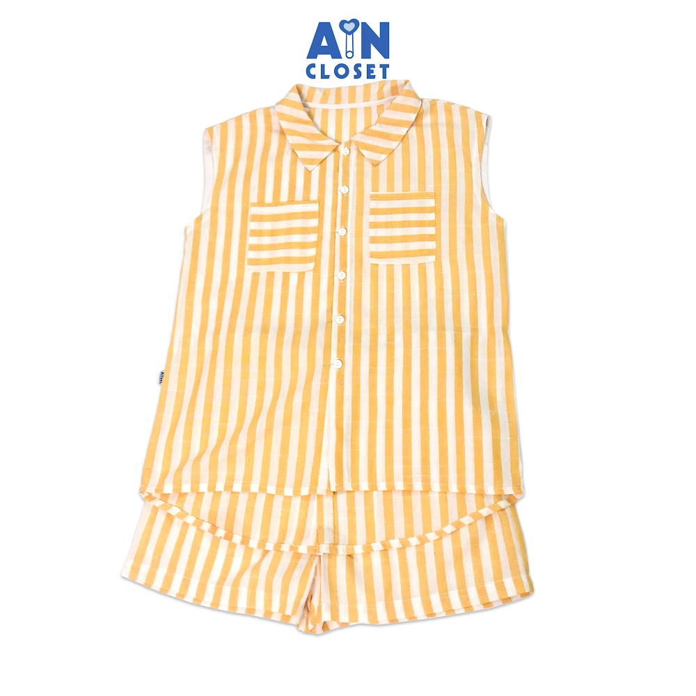 Bộ quần áo ngắn cho mẹ họa tiết Kẻ vàng trắng cổ sơ mi linen cotton - AICDMEXU7K6V - AIN Closet