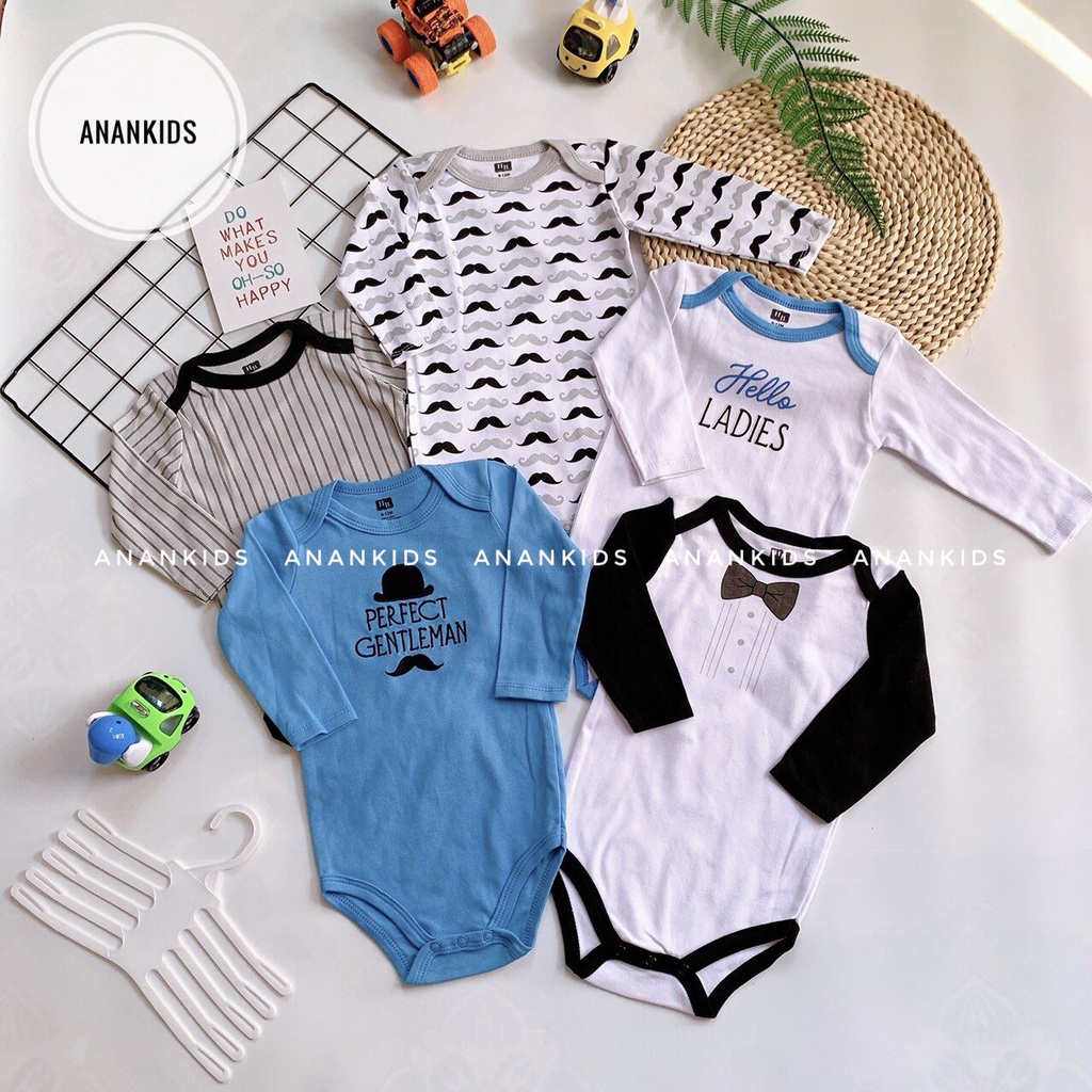 SET 5 Body Chip Bodysuit Tay Dài Cho Bé Trai Bé Gái Siêu Xinh 0-24m Kèm Móc