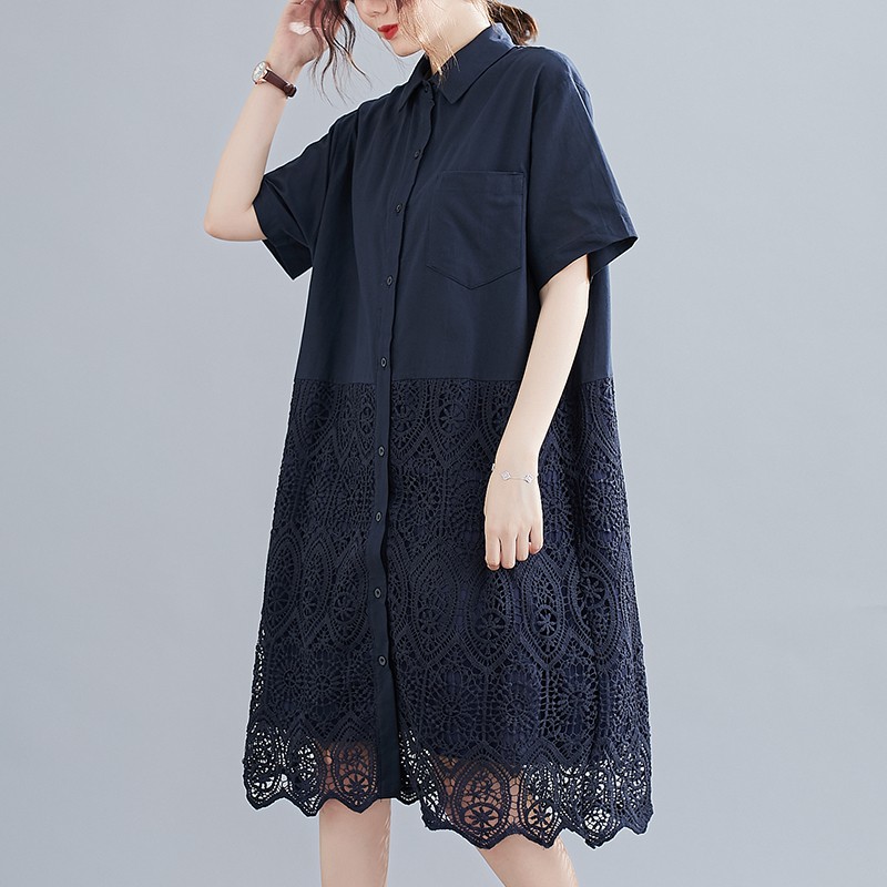 B204 Đầm bigsize dáng suông kiểu sơ mi phối ren dưới thời trang
