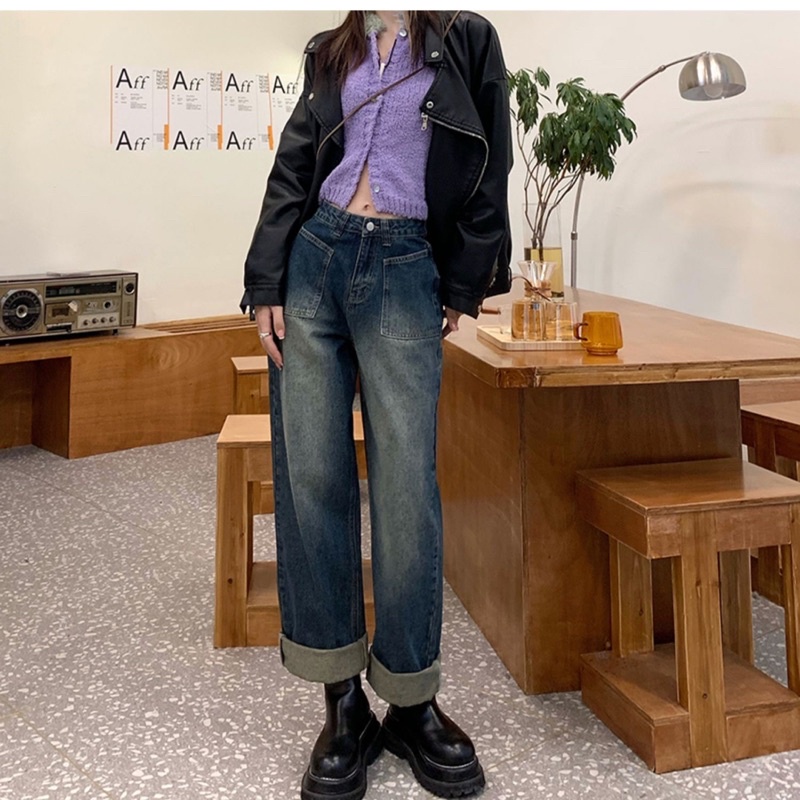 Quần Jeans Nữ Cạp Cao Màu Xanh Vintage Phong Cách Thời Trang Hàn Quốc 2022 Siêu Thời Thượng