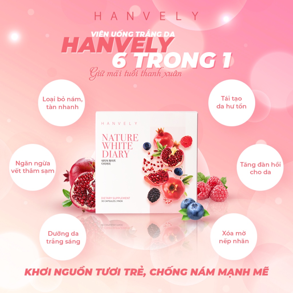 Hộp viên uống trắng da, giảm nám Hanvely Nature White Dairy 500mg/viên