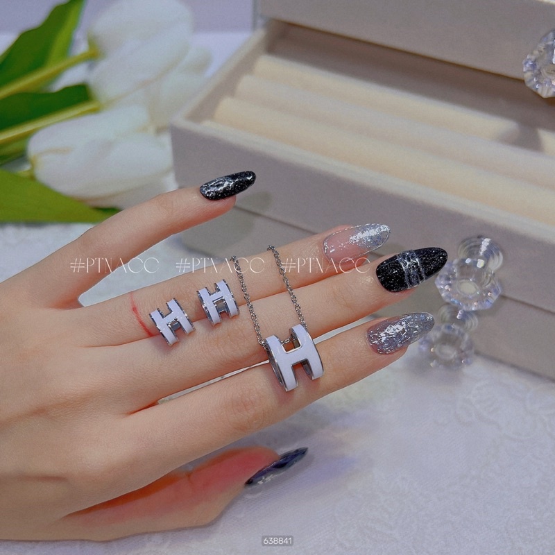 Bộ trang sức titan, set bông tai, dây chuyền thương hiệu chữ H nhiều màu sang trọng .PTNACC.
