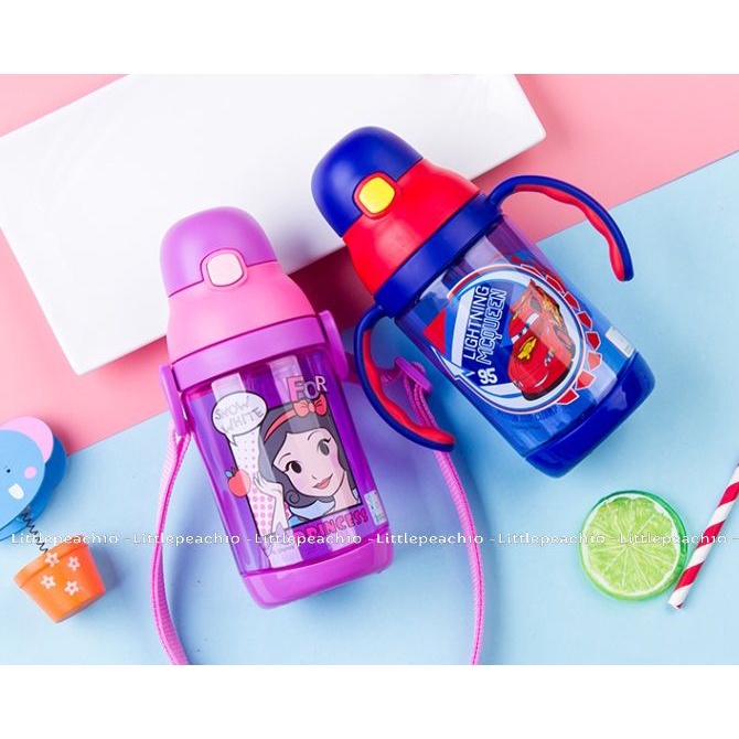 Bình nước Disney 2IN1 có ống hút, 2 tay cầm và đeo chéo hình Minnie Car Mcqueen 350ml cho bé GX5852