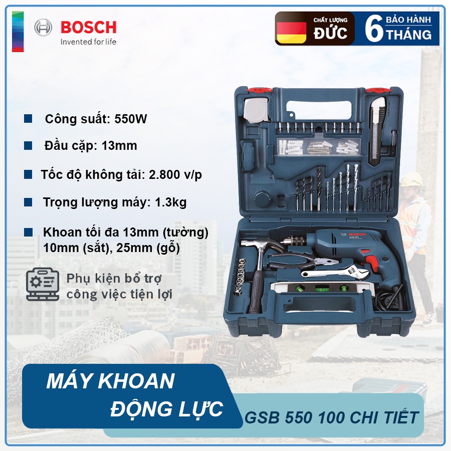 Bộ máy khoan động lực Bosch GSB 550 SET 100 món (Tặng kèm áo mưa Bosch)