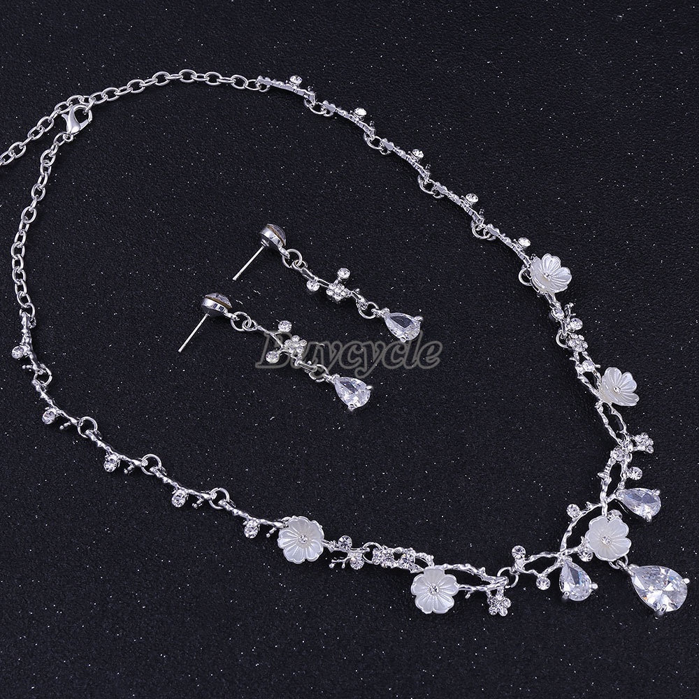 Bộ Vòng cổ Và Khuyên Tai Cô Dâu Đính Đá Zircon Hình Hoa Trắng